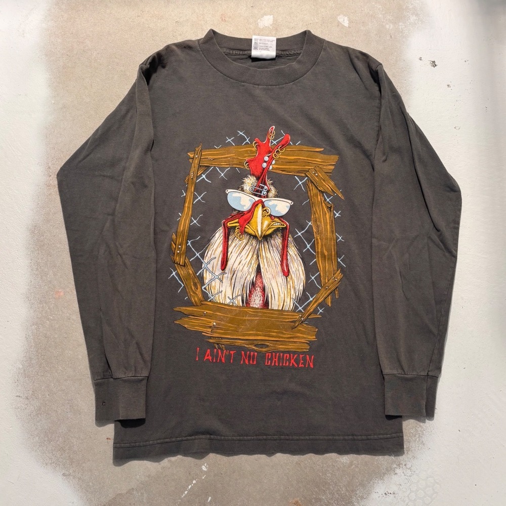 Vintage Lifeforms I Ain't No Chicken Long Sleeve Graphic T-Shirt Gray Mens M